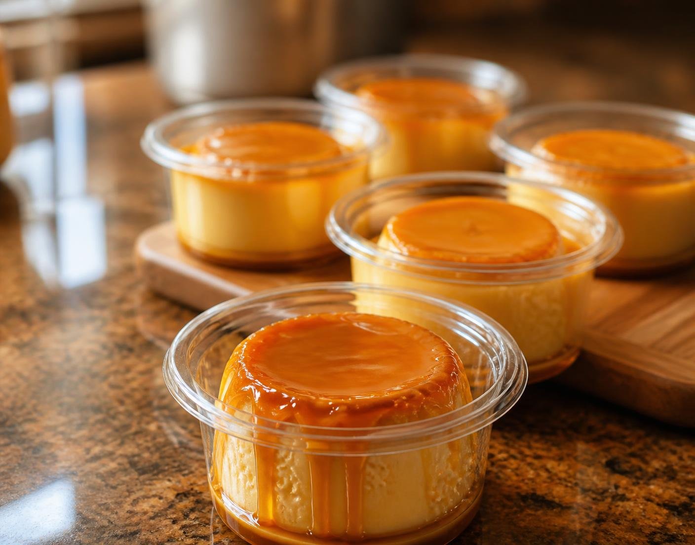 Potinhos de pudim de caramelo prontos para venda